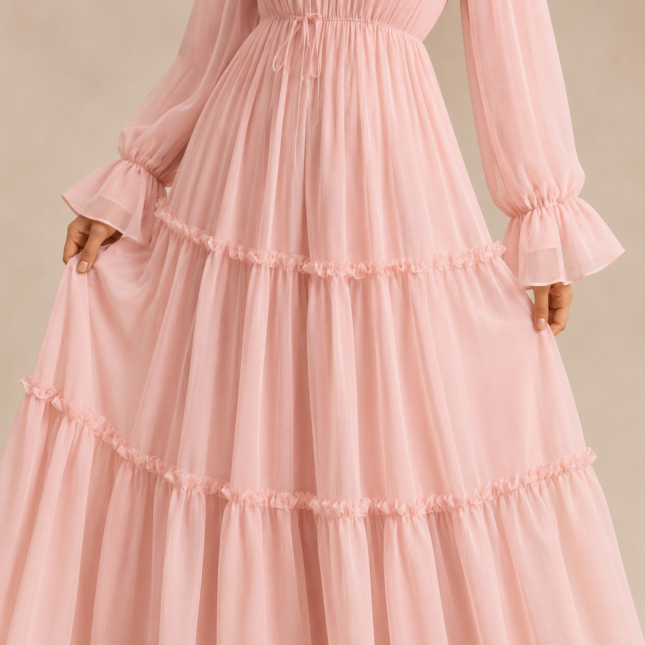 Chiffon Tiered Long Sleeve Maxi Dress