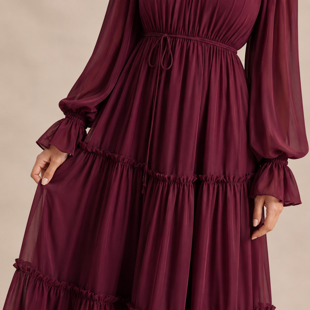 Chiffon Tiered Long Sleeve Maxi Dress