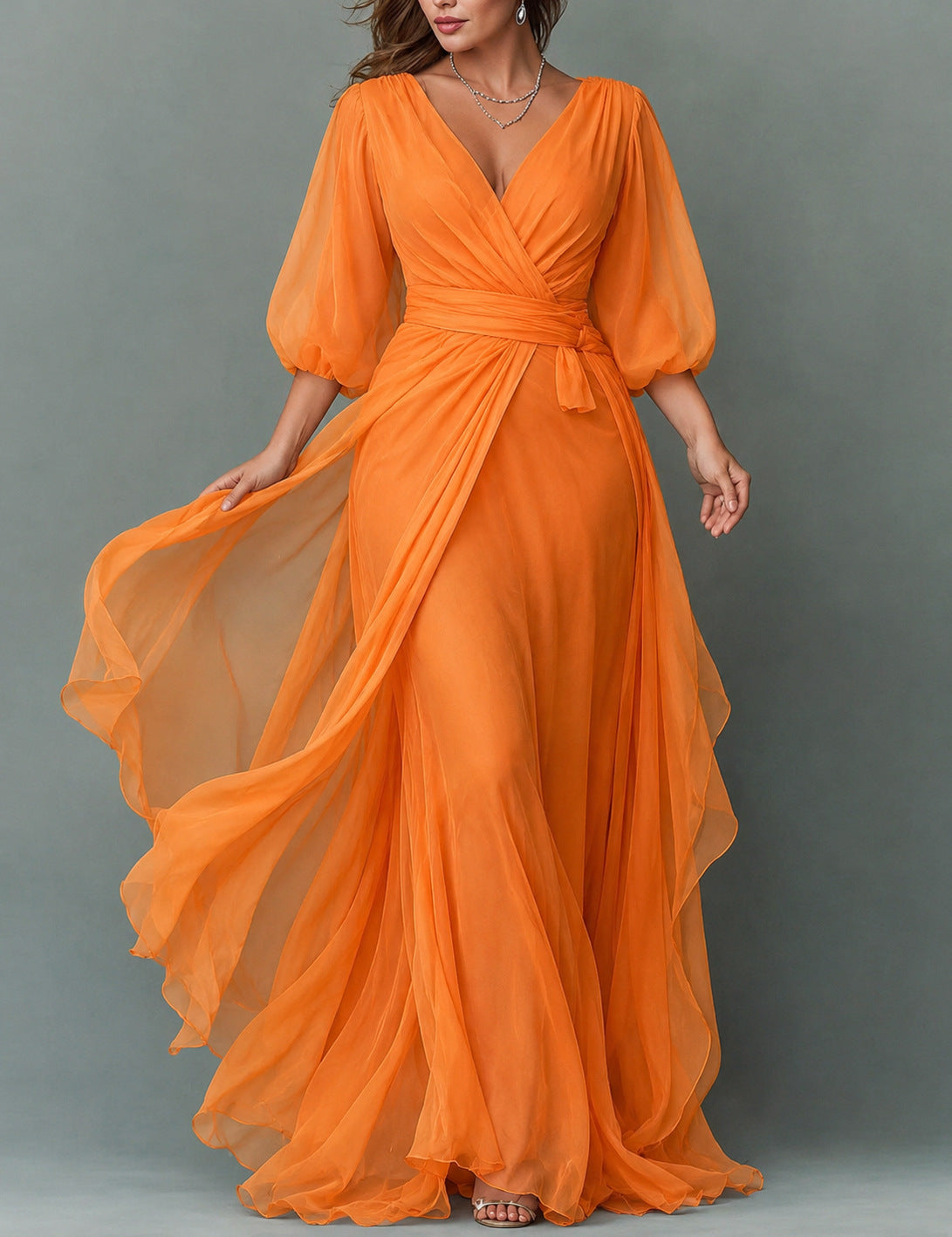 Chiffon 3/4 Balloon Sleeve Wrap Maxi Dress