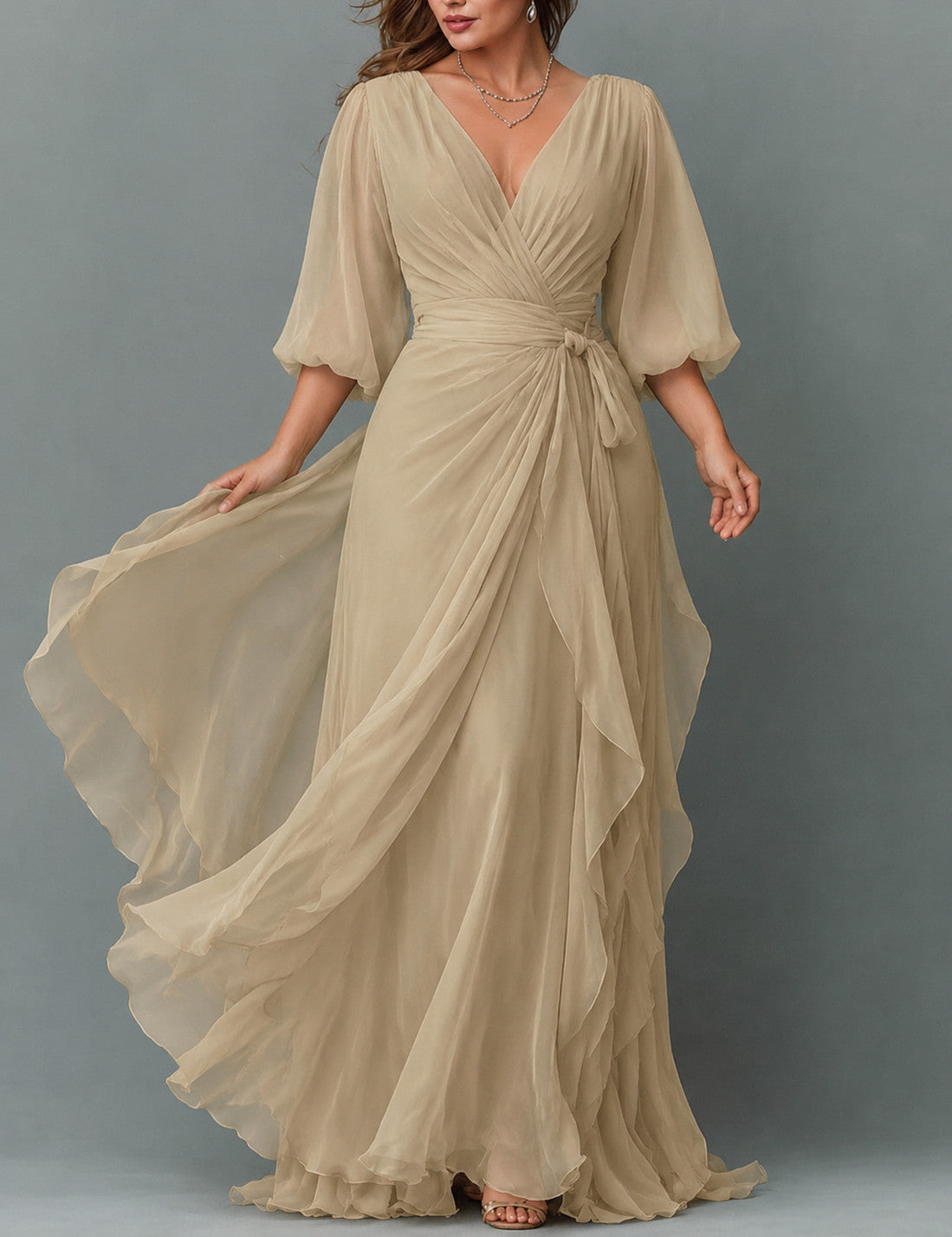 Chiffon 3/4 Balloon Sleeve Wrap Maxi Dress