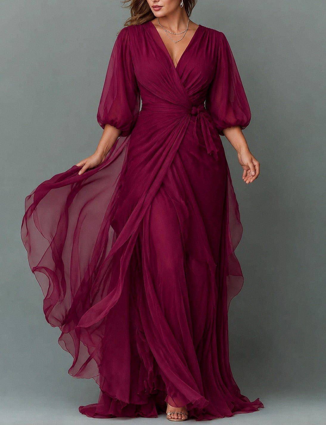 Chiffon 3/4 Balloon Sleeve Wrap Maxi Dress