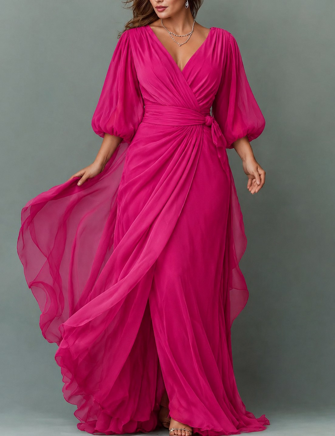 Chiffon 3/4 Balloon Sleeve Wrap Maxi Dress