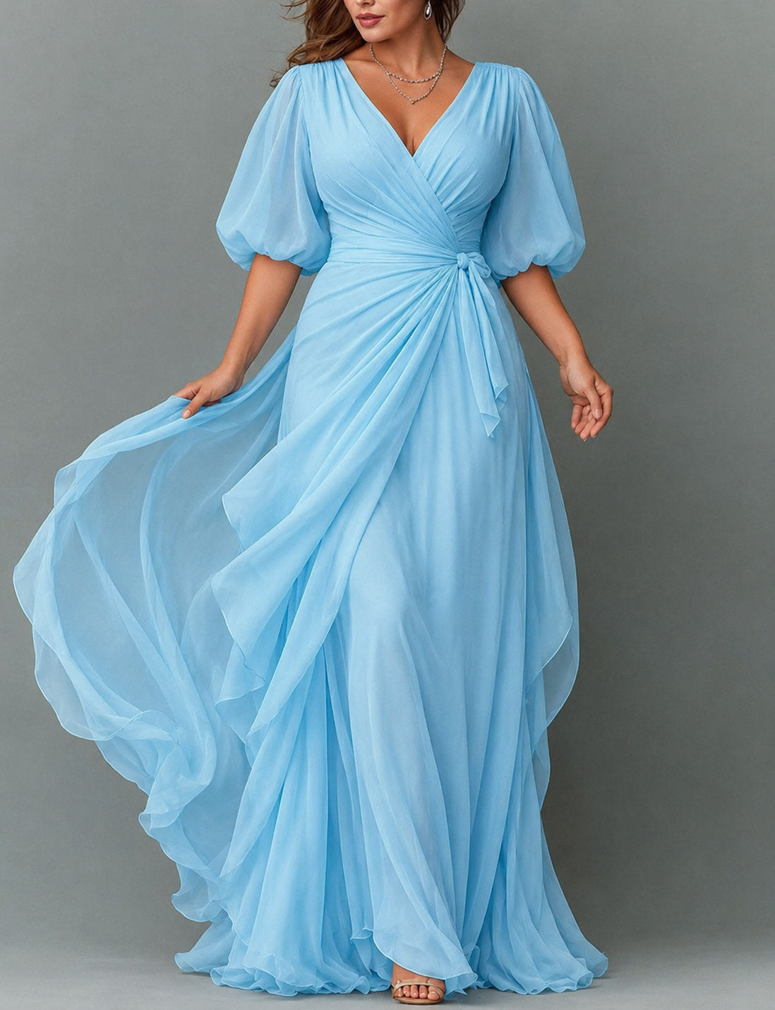 Chiffon 3/4 Balloon Sleeve Wrap Maxi Dress