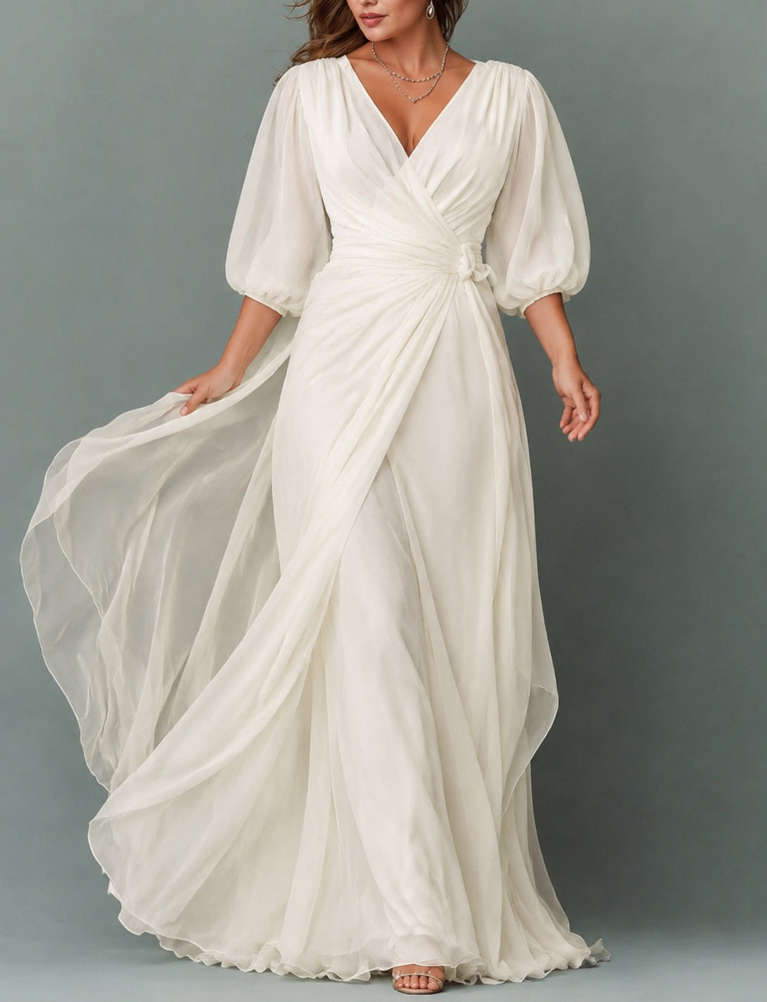 Chiffon 3/4 Balloon Sleeve Wrap Maxi Dress