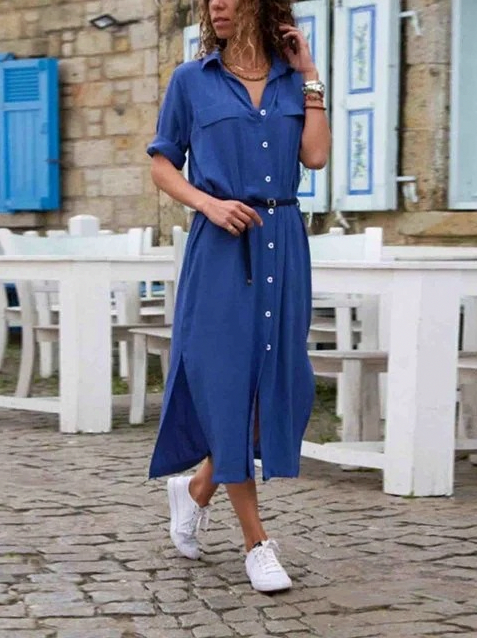 Collared Belted Midi Shirt Dress