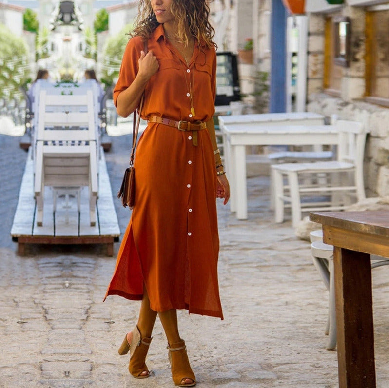 Collared Belted Midi Shirt Dress
