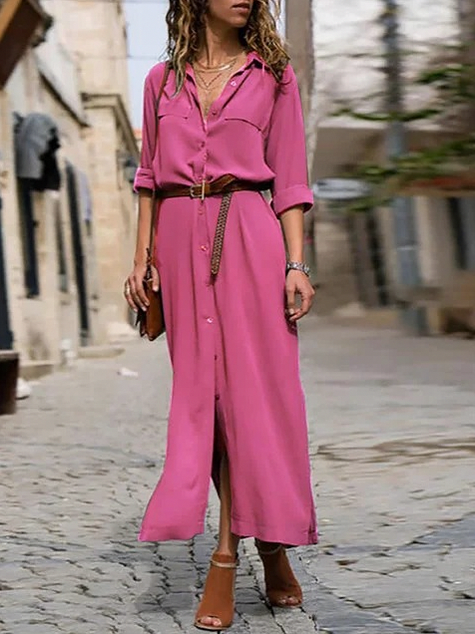 Collared Belted Midi Shirt Dress