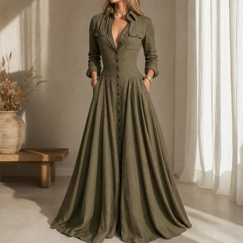 Collared Button Down Maxi Shirt Dress