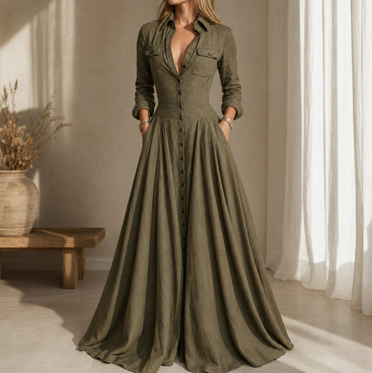 Collared Button Down Maxi Shirt Dress