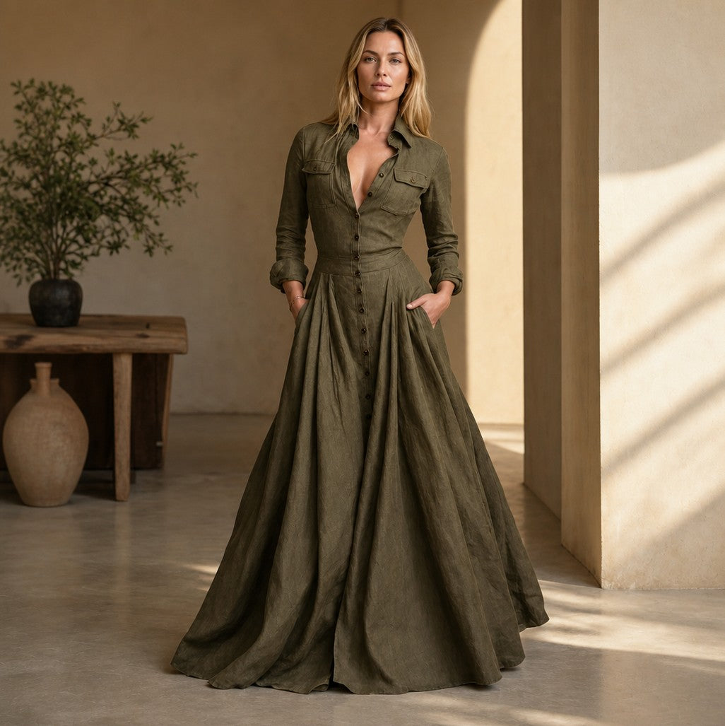 Collared Button Down Maxi Shirt Dress