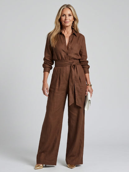 Collared Tie Waist Wide Leg Jumpsuit