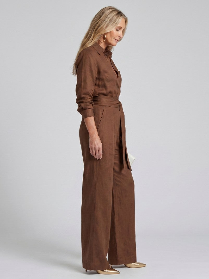 Collared Tie Waist Wide Leg Jumpsuit