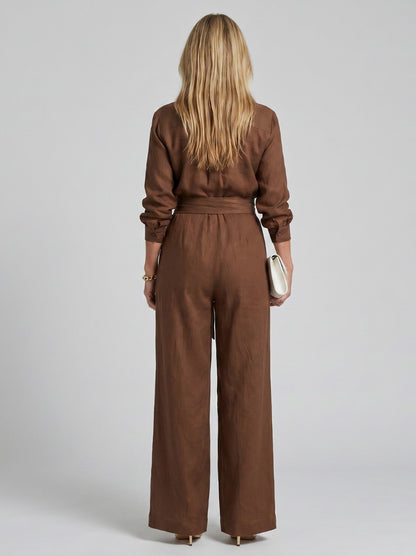 Collared Tie Waist Wide Leg Jumpsuit