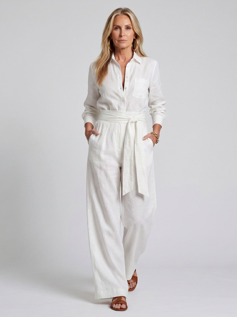 Collared Tie Waist Wide Leg Jumpsuit