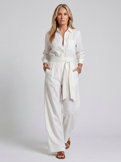 Collared Tie Waist Wide Leg Jumpsuit
