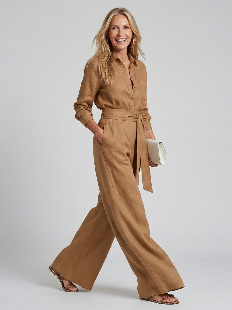 Collared Tie Waist Wide Leg Jumpsuit