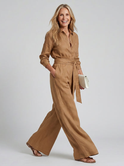 Collared Tie Waist Wide Leg Jumpsuit