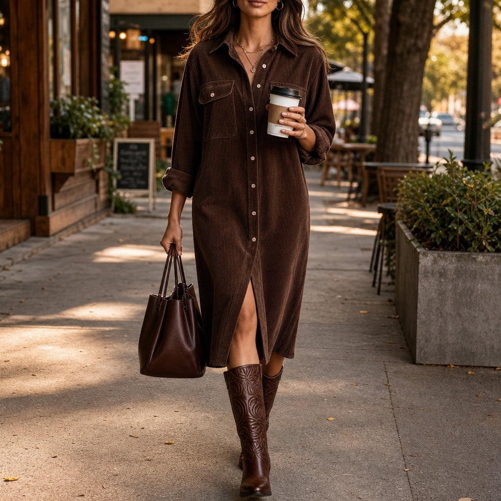 Corduroy Button Front Shirt Dress