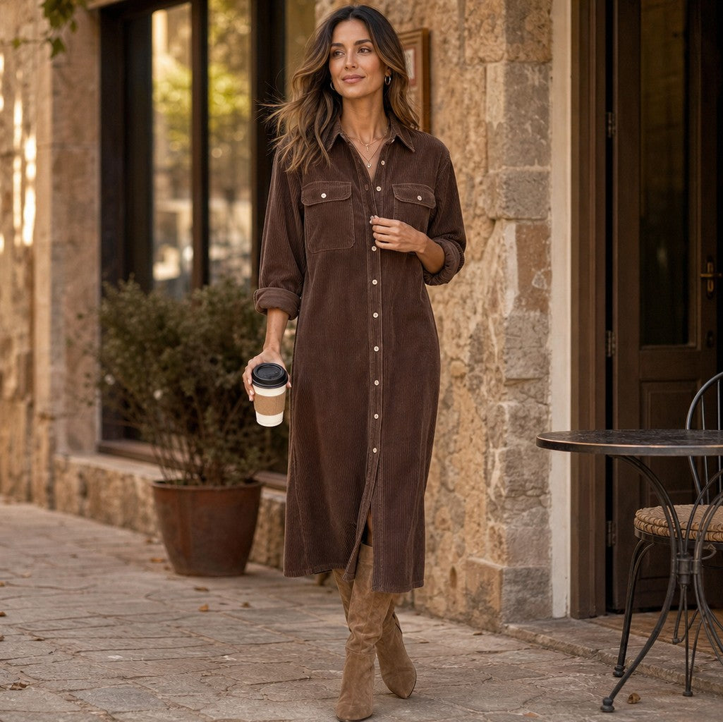 Corduroy Button Front Shirt Dress