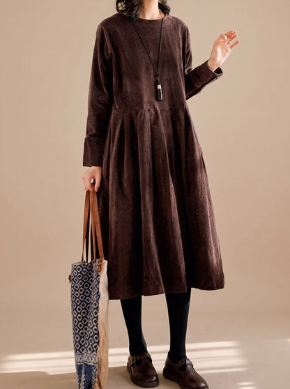 Corduroy Long Sleeve Pleated Midi Dress