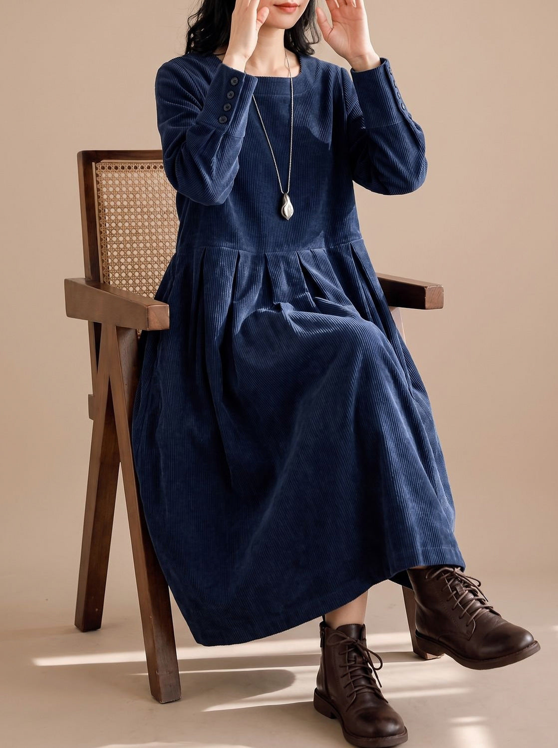 Corduroy Long Sleeve Pleated Midi Dress