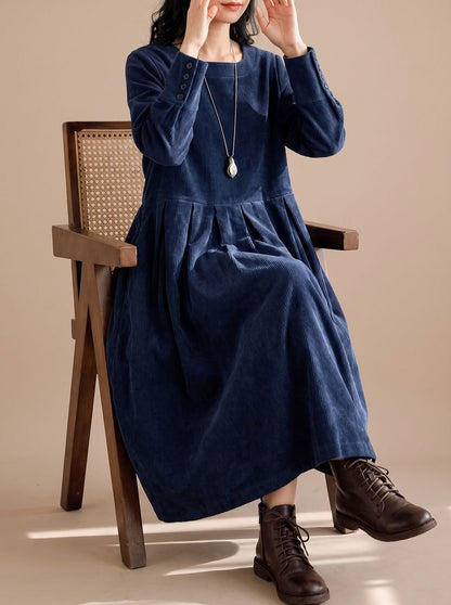 Corduroy Long Sleeve Pleated Midi Dress