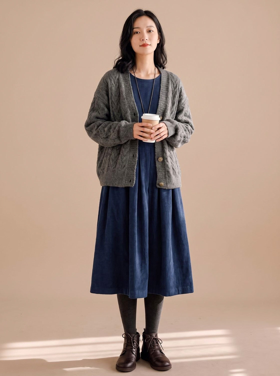 Corduroy Long Sleeve Pleated Midi Dress