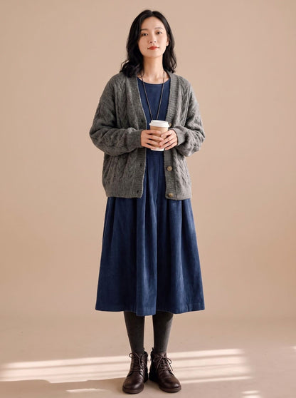 Corduroy Long Sleeve Pleated Midi Dress