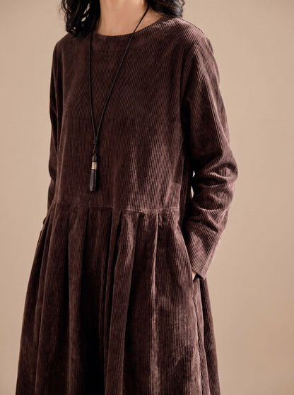 Corduroy Long Sleeve Pleated Midi Dress