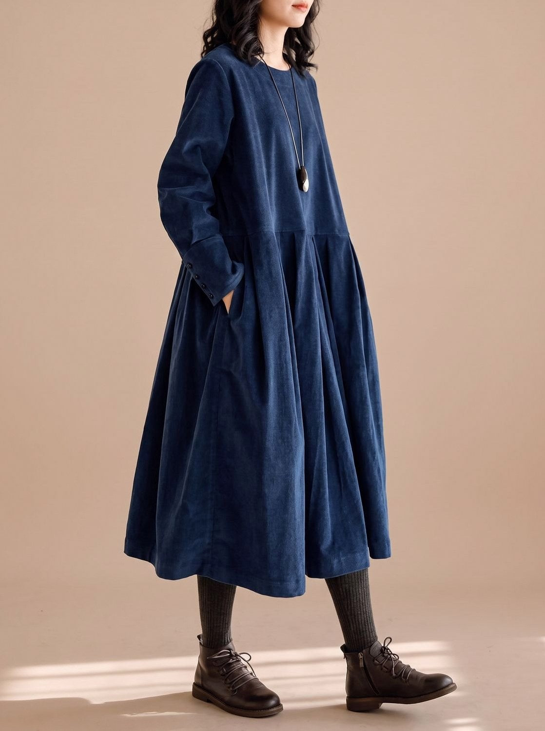 Corduroy Long Sleeve Pleated Midi Dress