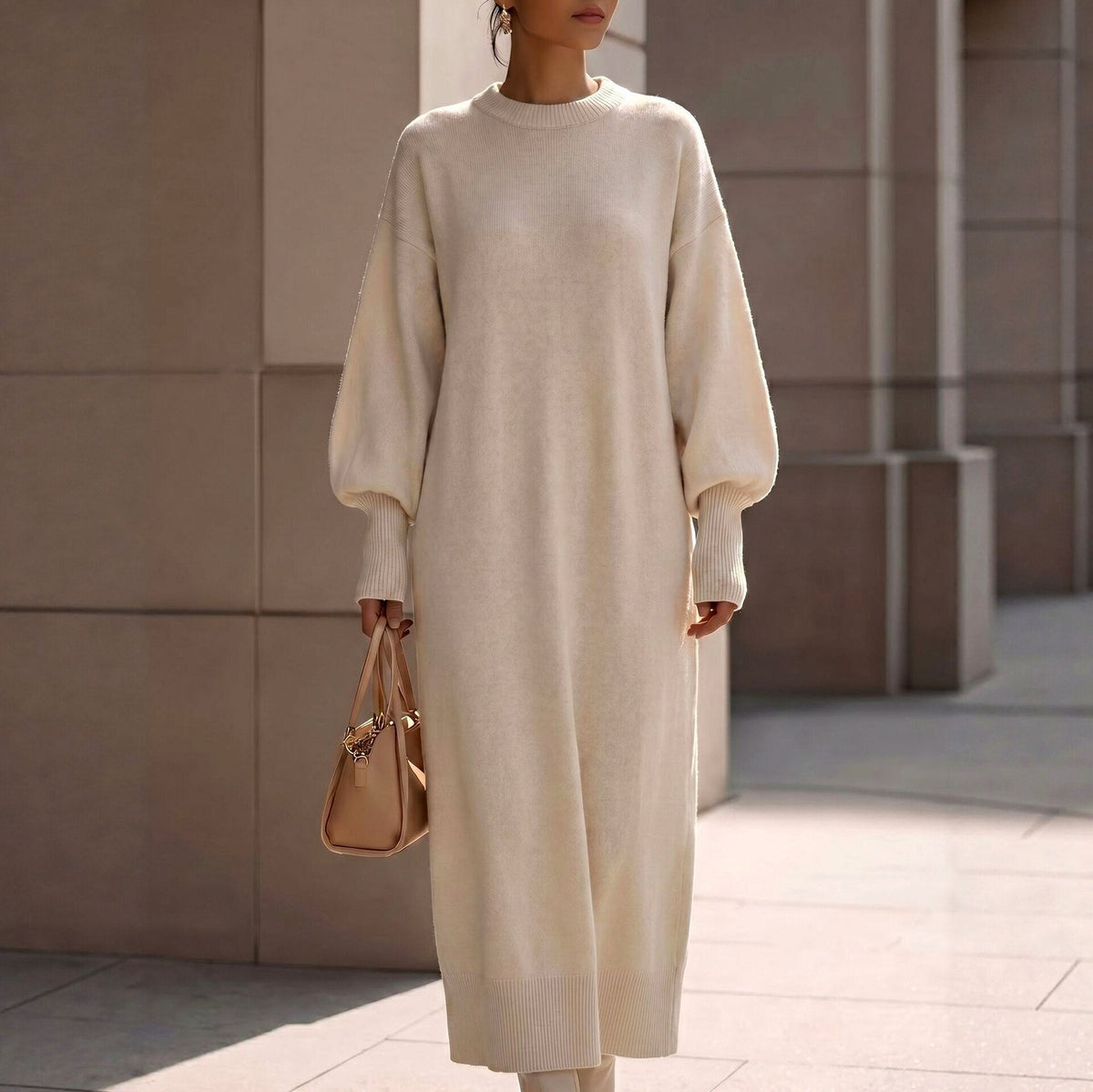 Long Balloon Sleeve Crewneck Sweater Dress