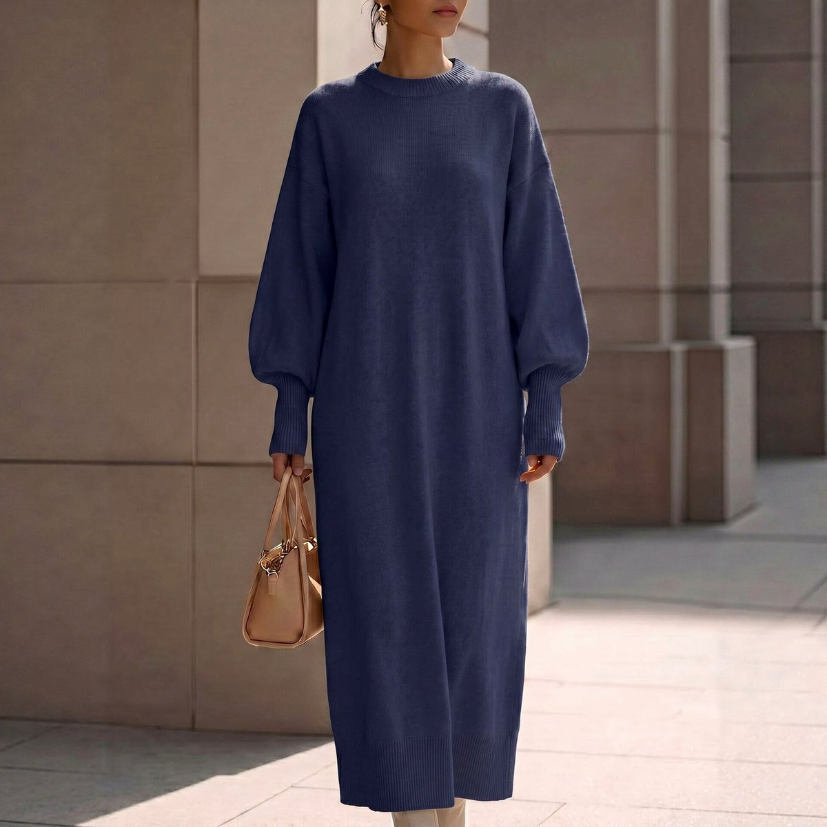 Long Balloon Sleeve Crewneck Sweater Dress