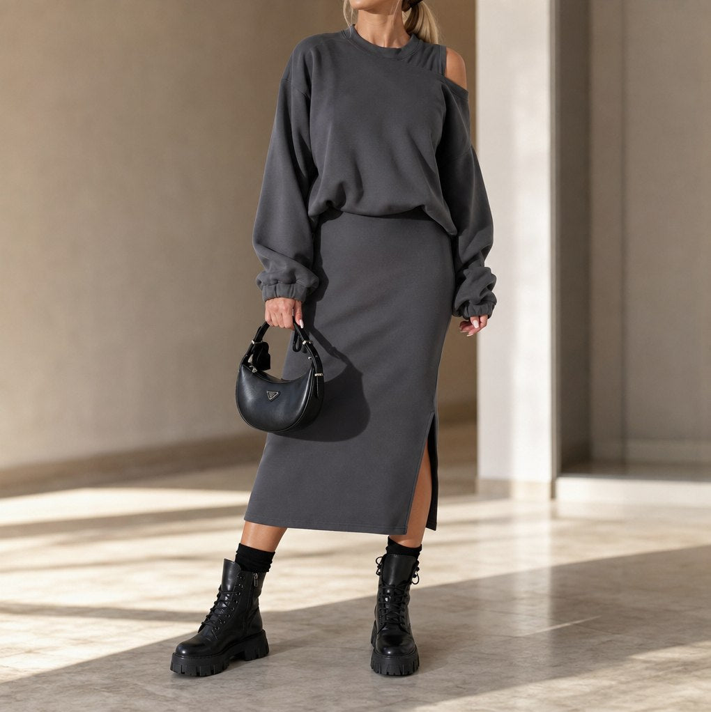 Cutout Long Sleeve Midi Skirt Set
