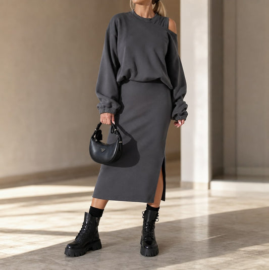 Cutout Long Sleeve Midi Skirt Set