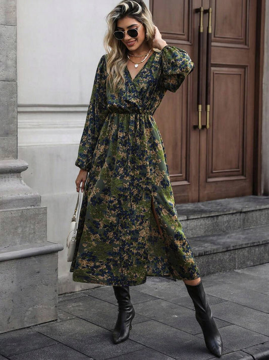 Dark Floral Long Sleeve Wrap Midi Dress