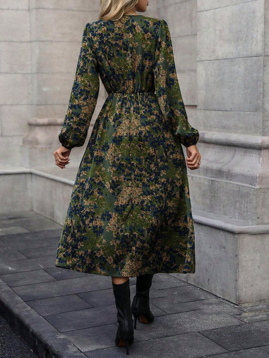 Dark Floral Long Sleeve Wrap Midi Dress