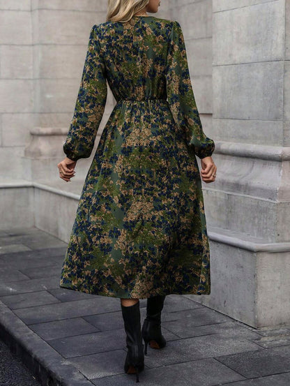 Dark Floral Long Sleeve Wrap Midi Dress