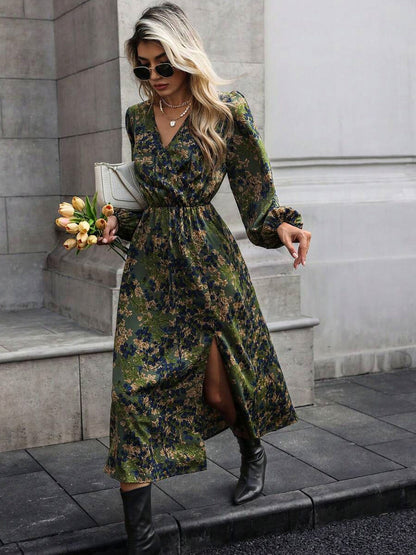 Dark Floral Long Sleeve Wrap Midi Dress