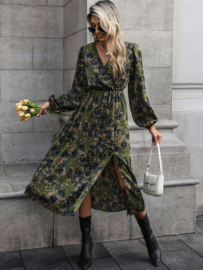 Dark Floral Long Sleeve Wrap Midi Dress