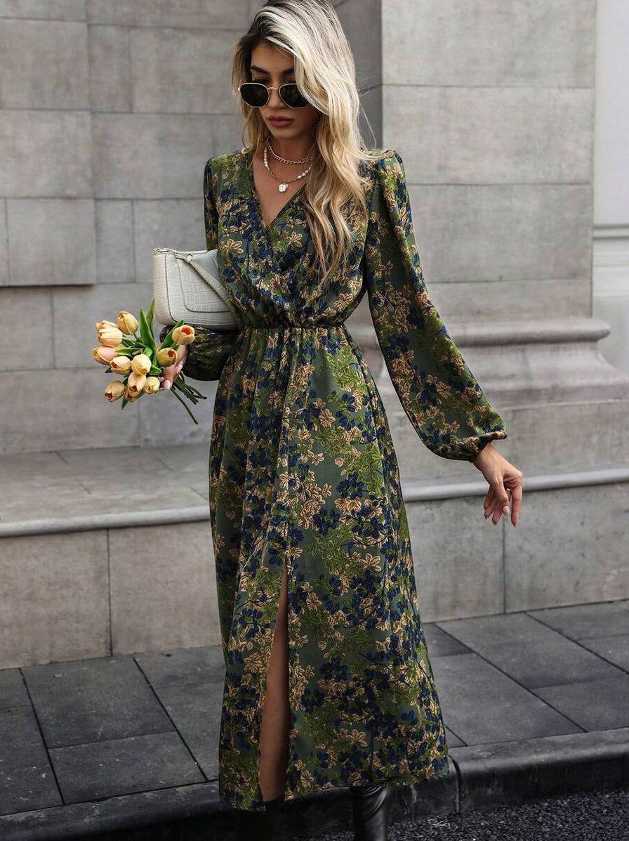 Dark Floral Long Sleeve Wrap Midi Dress