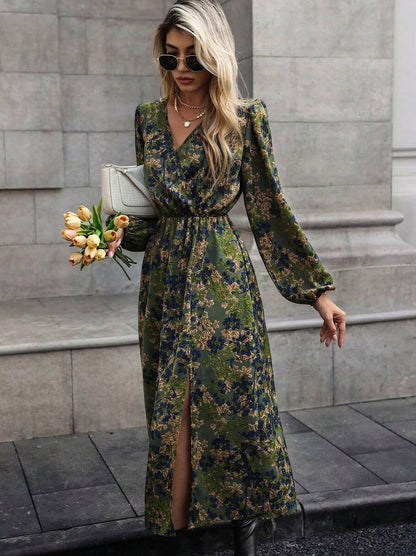 Dark Floral Long Sleeve Wrap Midi Dress