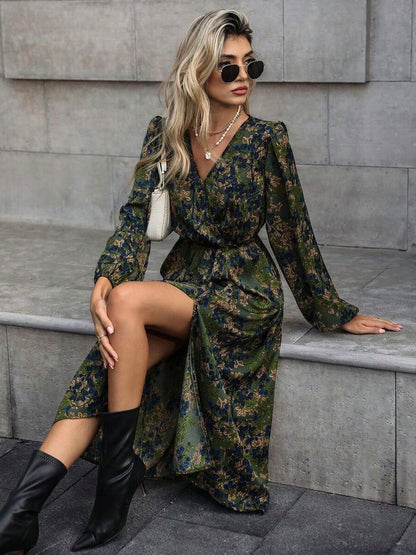 Dark Floral Long Sleeve Wrap Midi Dress