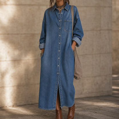 Denim Long Sleeve Button Down Maxi Shirt Dress