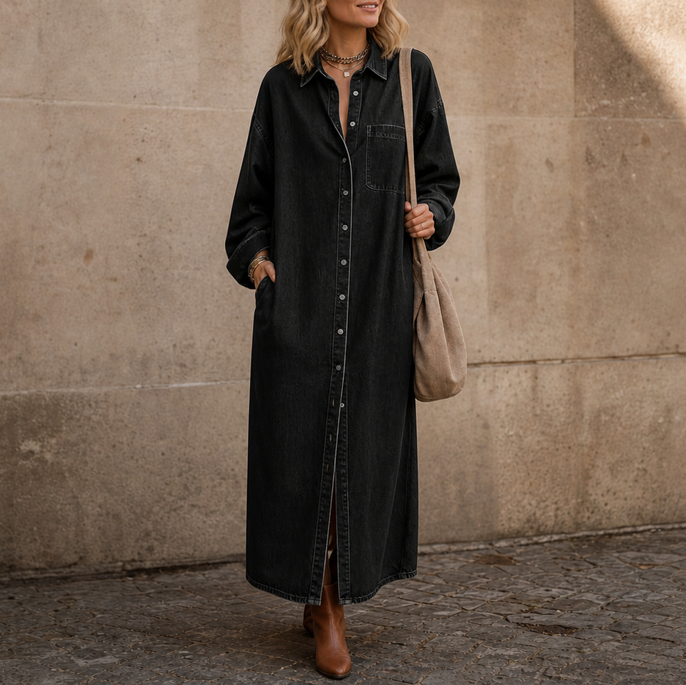 Denim Long Sleeve Button Down Maxi Shirt Dress