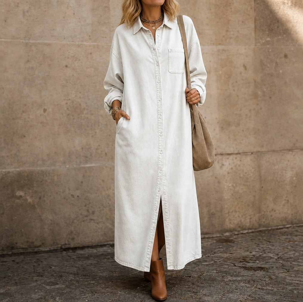 Denim Long Sleeve Button Down Maxi Shirt Dress