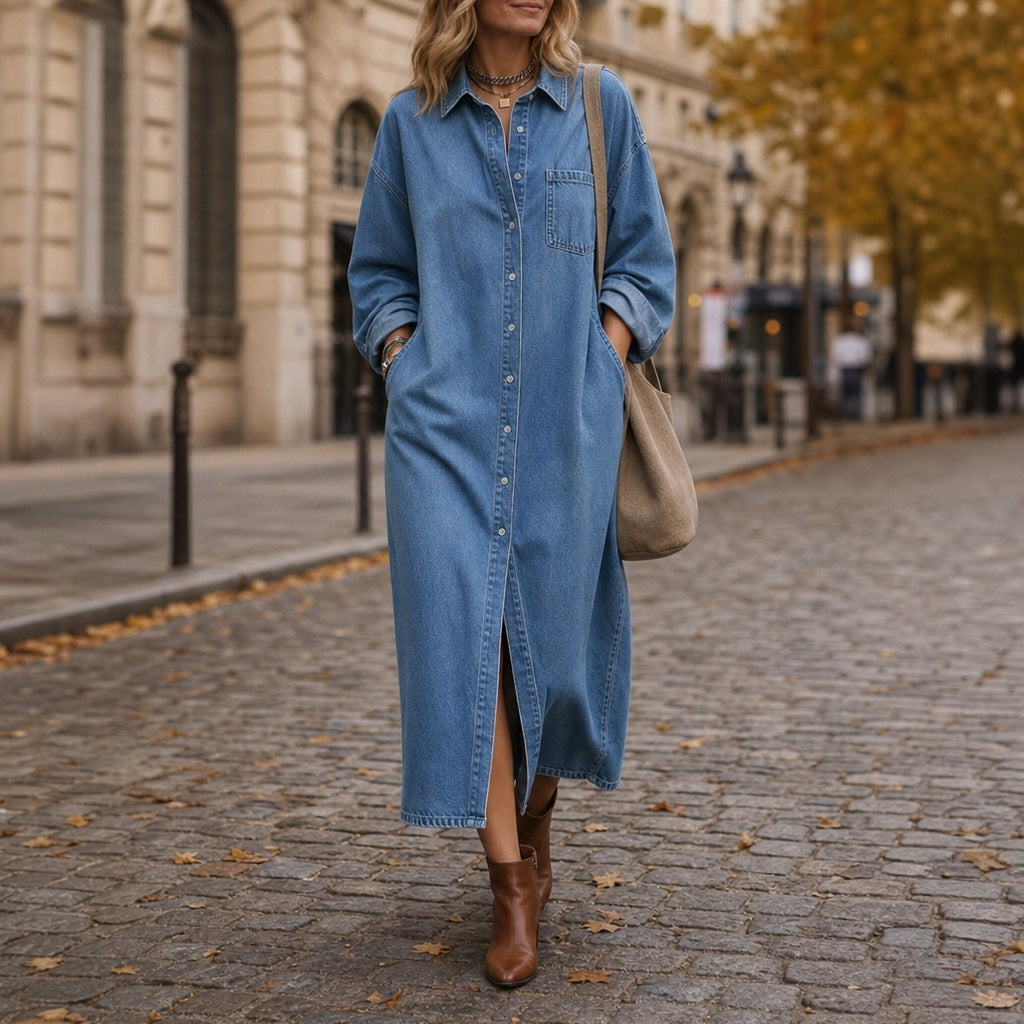 Denim Long Sleeve Button Down Maxi Shirt Dress