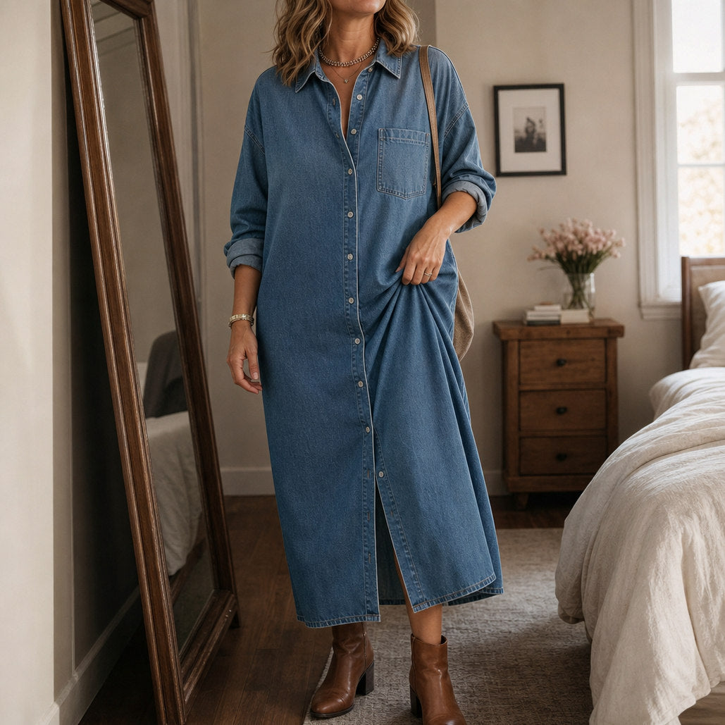 Denim Long Sleeve Button Down Maxi Shirt Dress