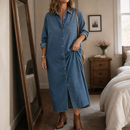 Denim Long Sleeve Button Down Maxi Shirt Dress