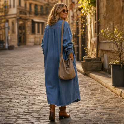 Denim Long Sleeve Button Down Maxi Shirt Dress