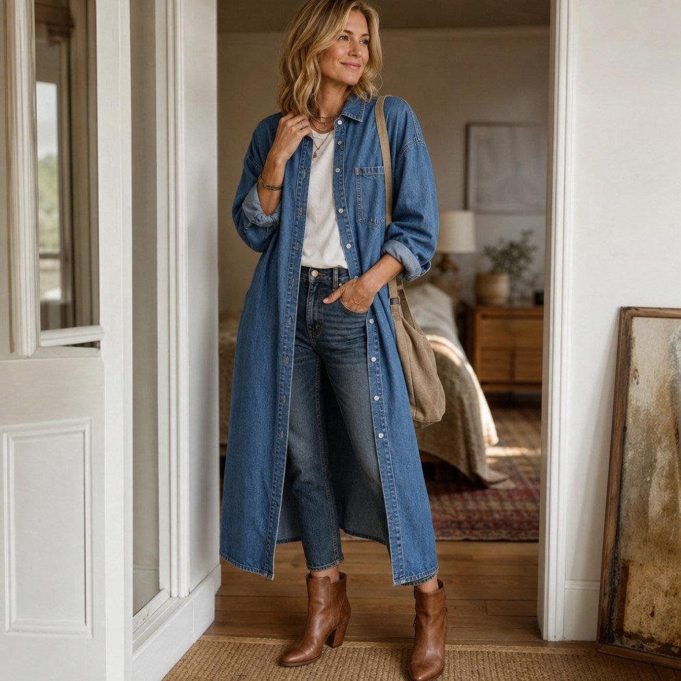 Denim Long Sleeve Button Down Maxi Shirt Dress